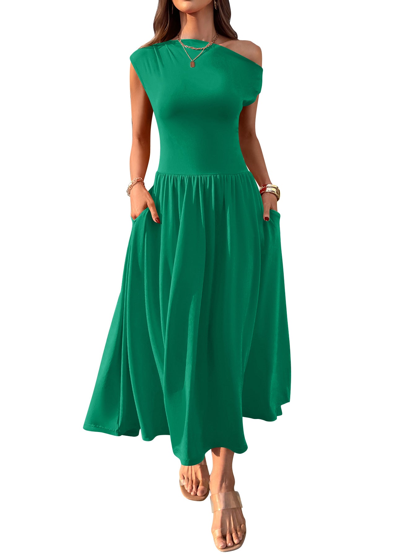 Shoulder Sexy Waist Trimming Solid Color Long Dresses