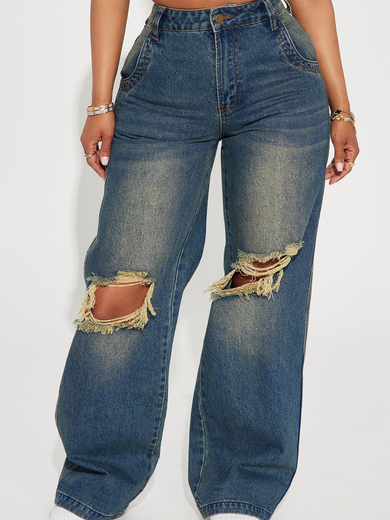 Women's Casual Retro Ripped Denim Trousers Jeans