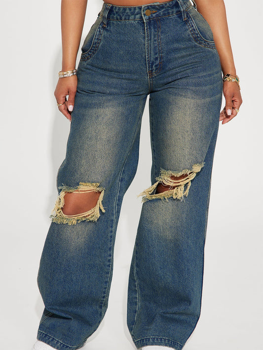Women's Casual Retro Ripped Denim Trousers Jeans