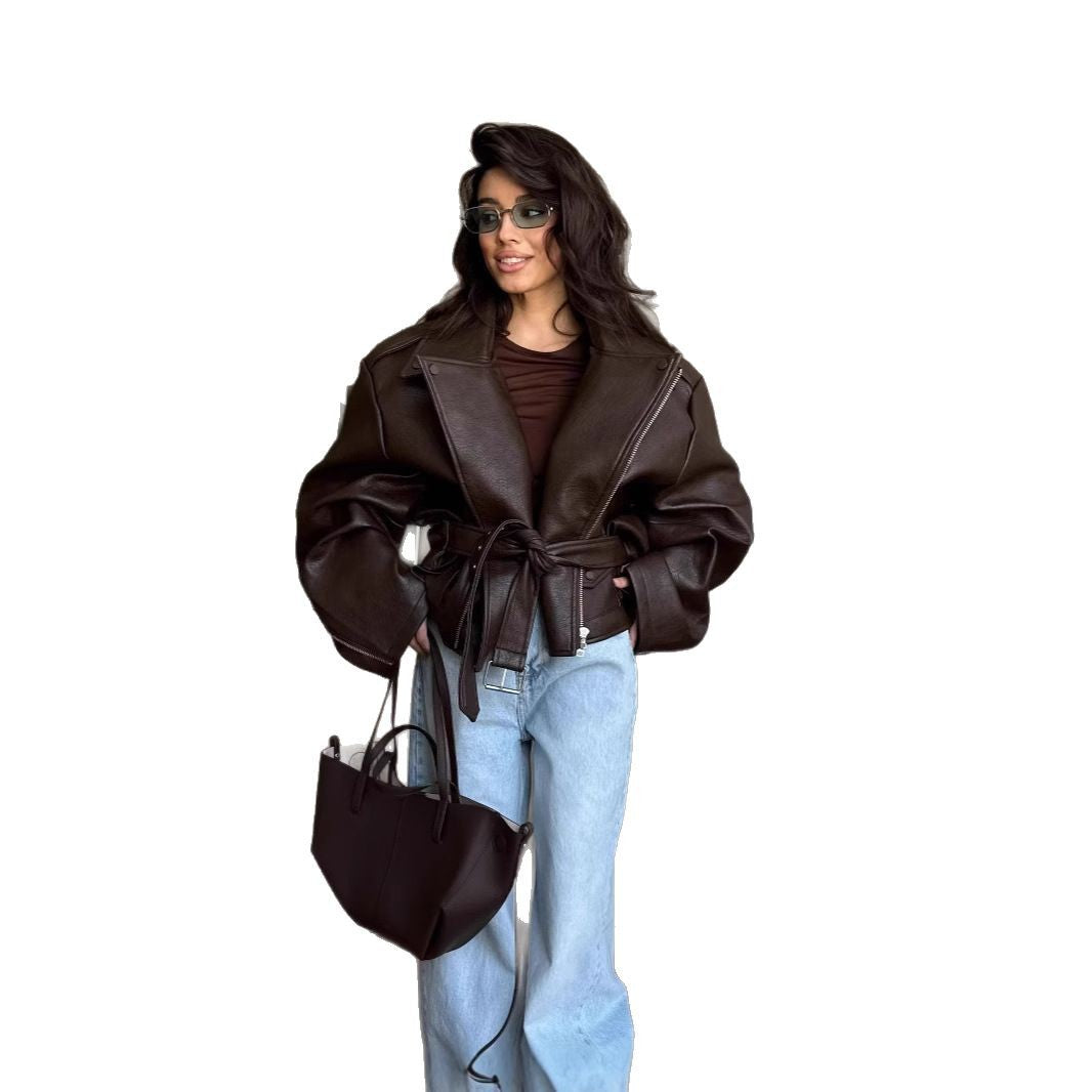 American Retro Leather Baggy With Belt Jackets