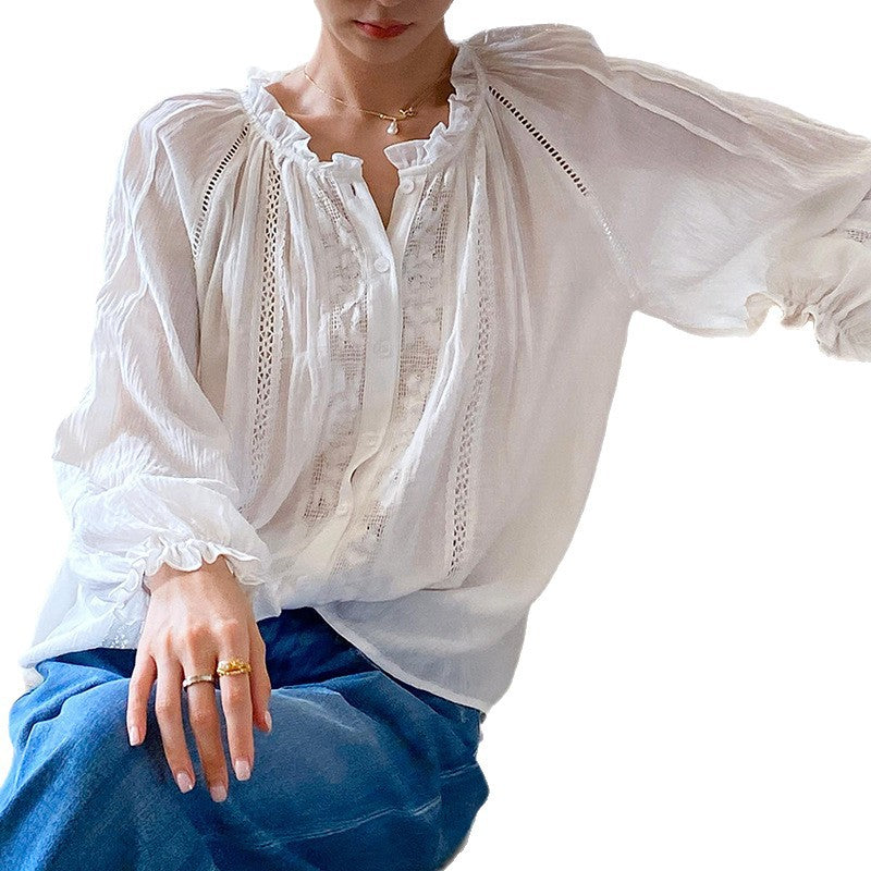 Women's Autumn French Style Cotton Shirt Long Blouses