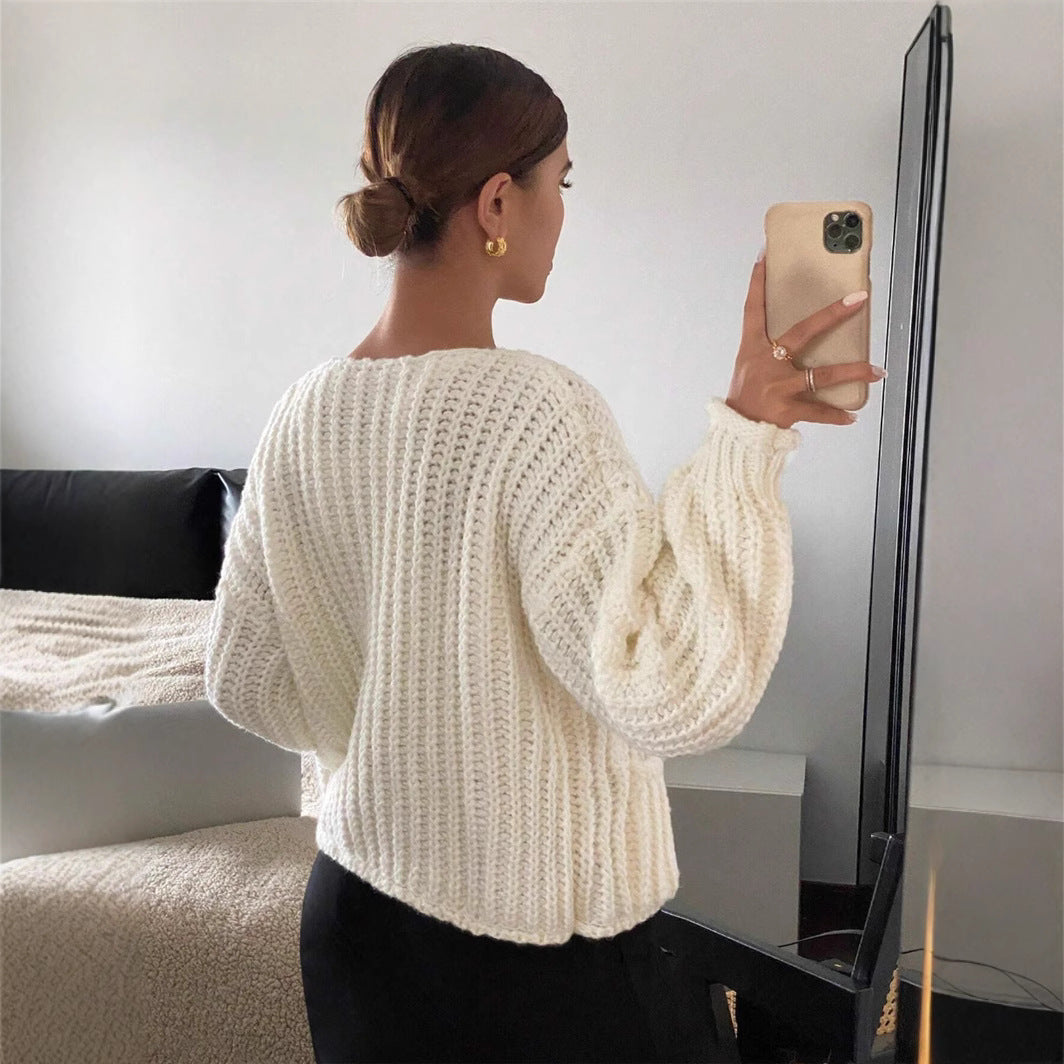 Women's Round Neck Design Pocket Long Sleeve Sweaters
