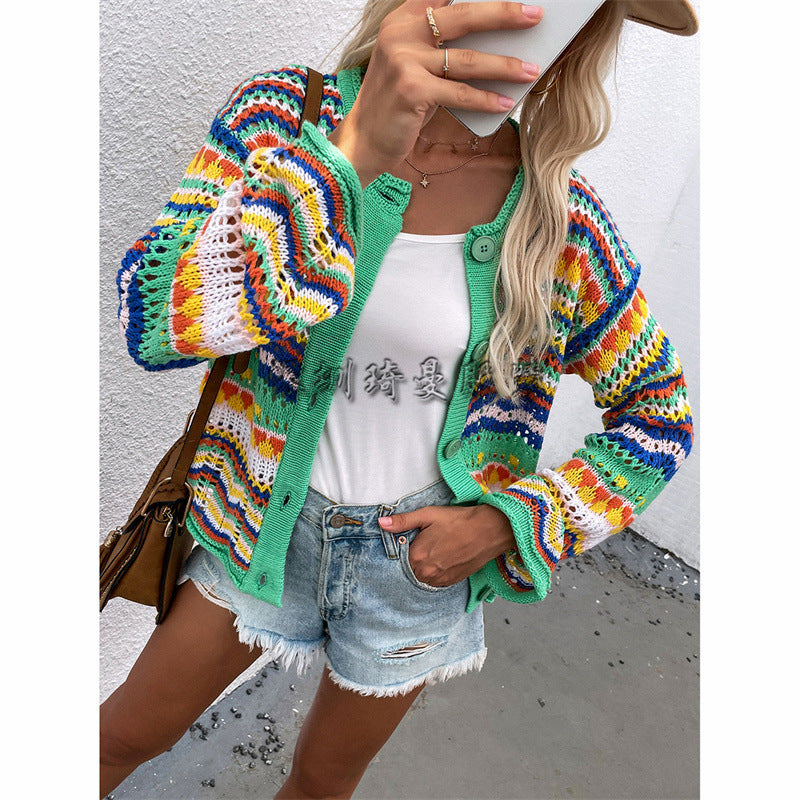 Women's Striped Loose Large Rainbow Button Sweaters