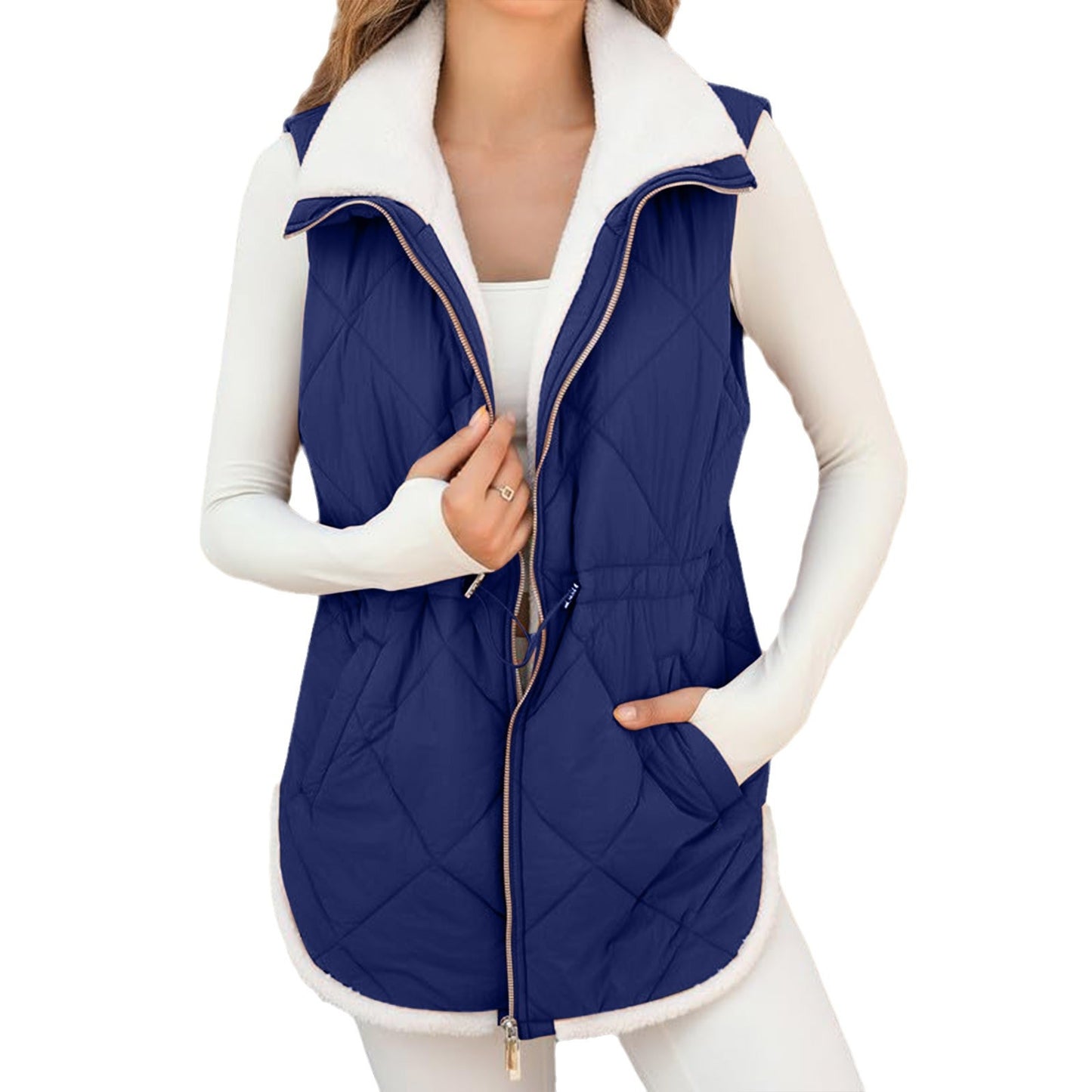 Women's Trendy With Plush Lining Pockets Drawstring Vests