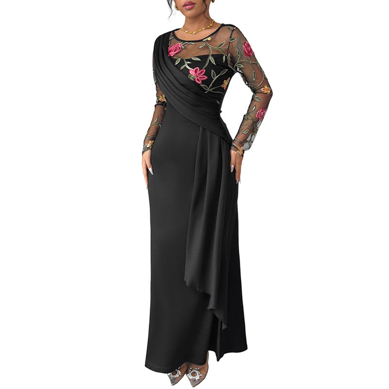 Women's Neck Mesh Embroidery Stitching Long Sleeve Dresses