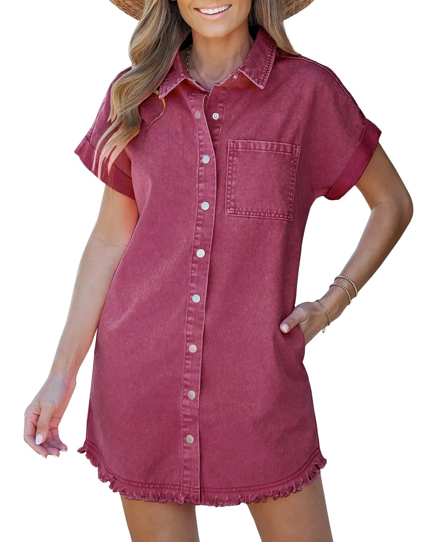 Women's Short-sleeved Denim Shirt Dress Buckle Casual Dresses