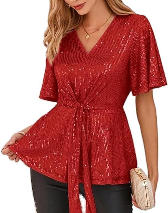 Women's Outline Tie Front Flare Sleeve Glitter Bruce Tops