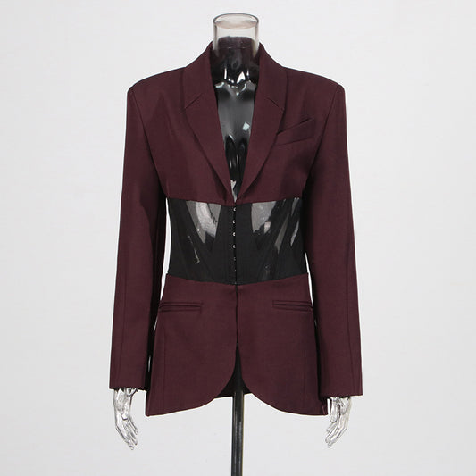 Women's Fishbone Waist Mesh Stitching Design Black Blazers