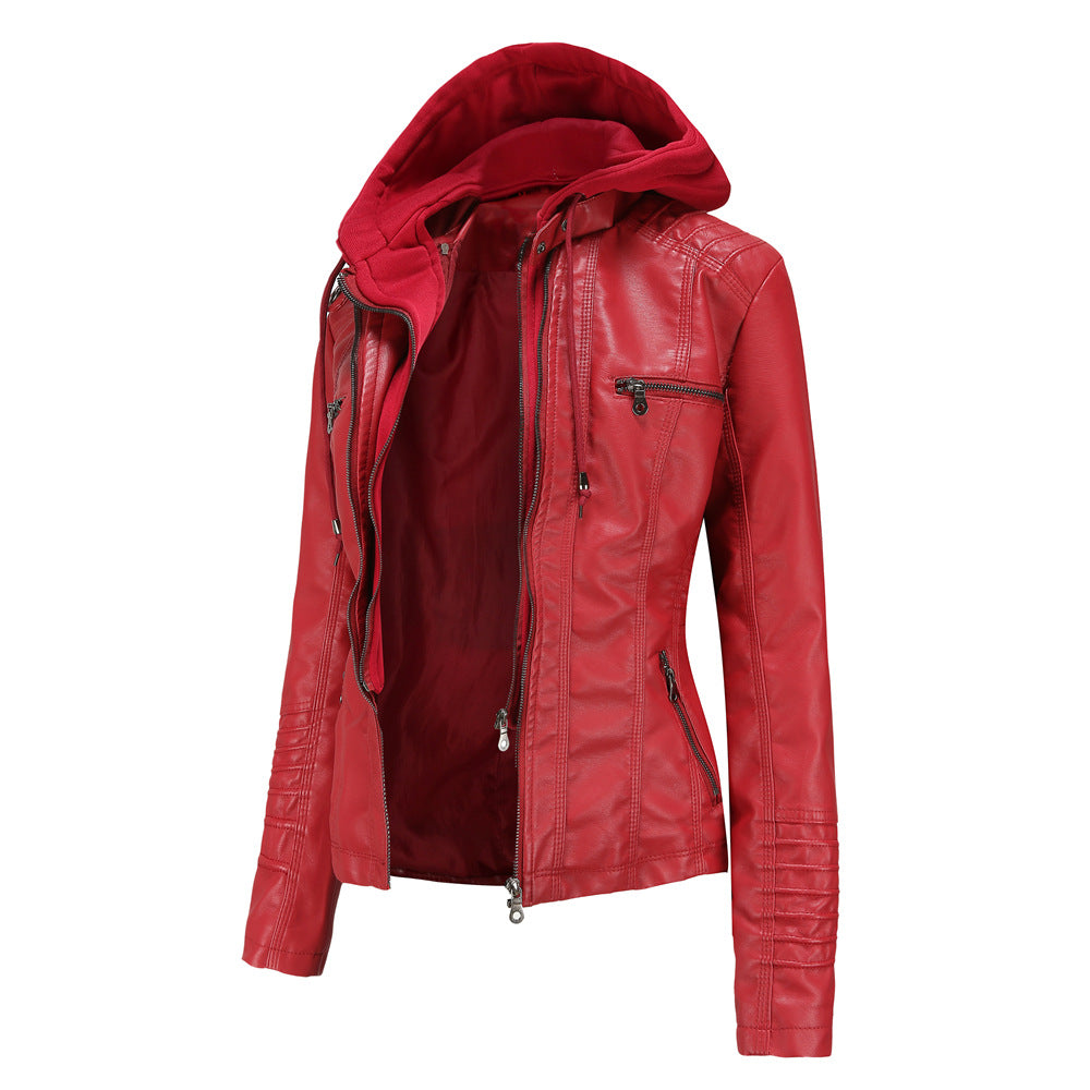 Women's Hooded Leather Two-piece Detachable Large For Jackets