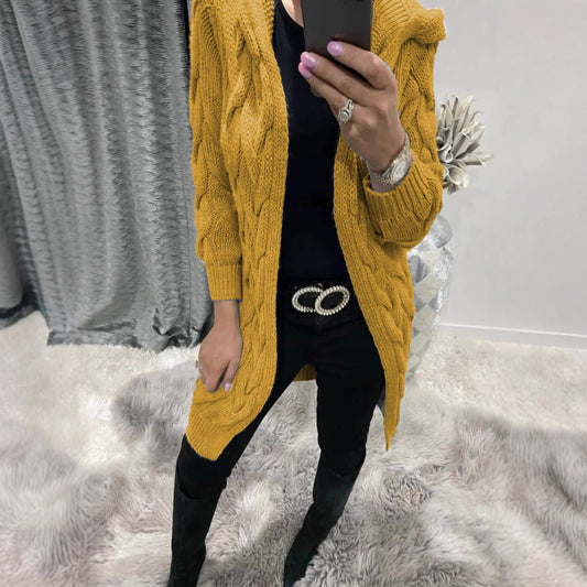 Solid Color Long Knitted Hooded Pocket Knitwear