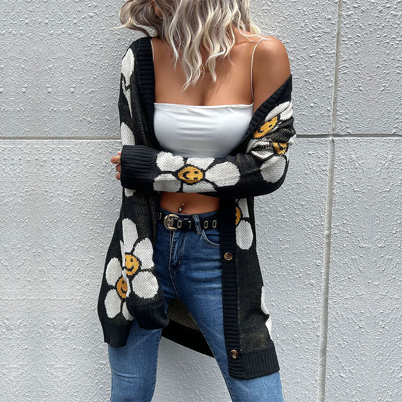 Women's Fashion Wear Flower Long Sleeve Mid-length Knitwear