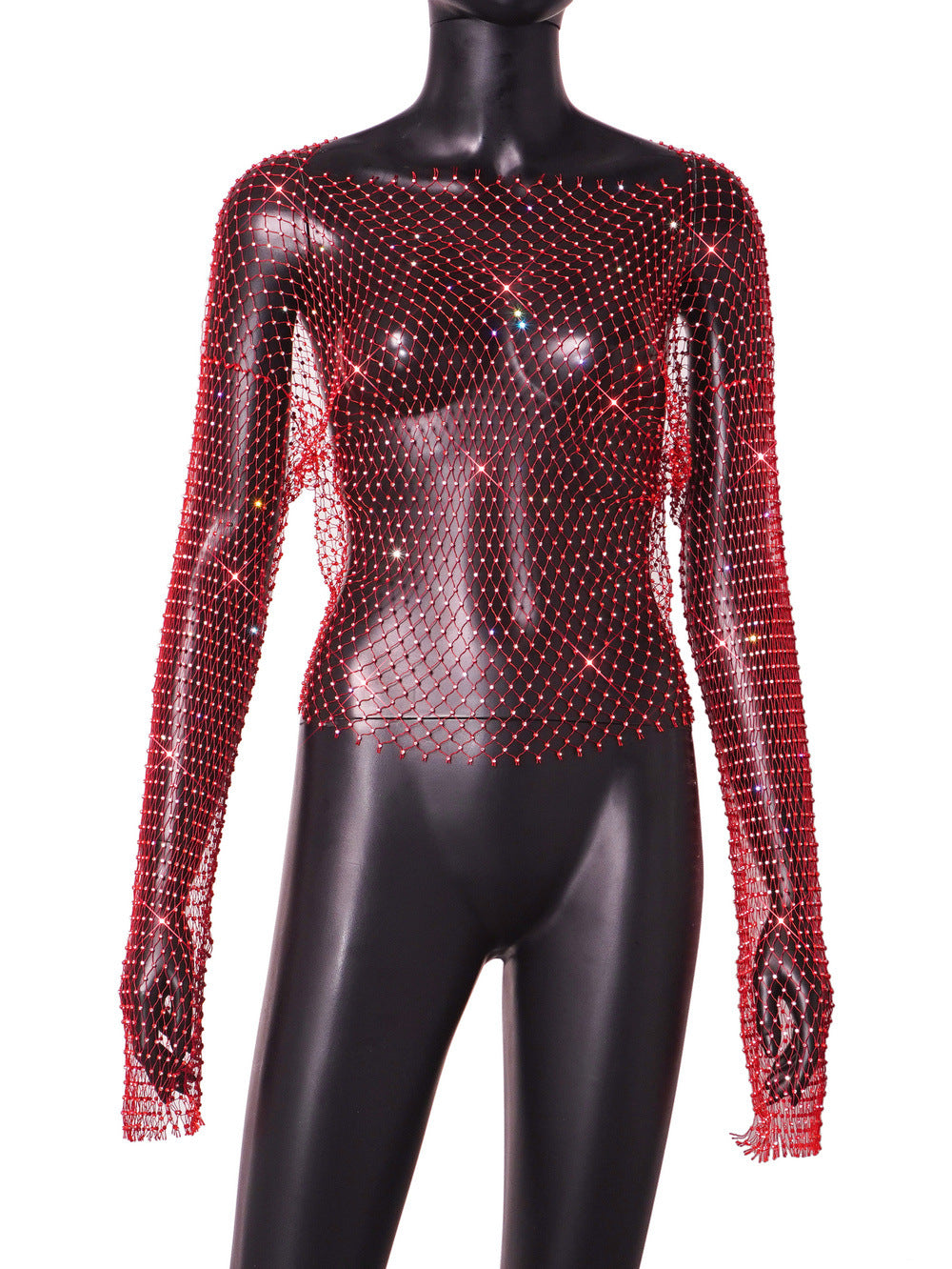 Women's Transparent Sexy Nightclub Grid Rhinestone Round Neck Blouses