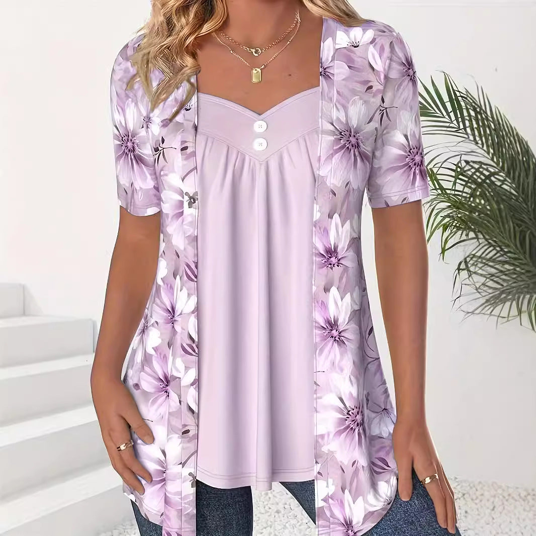 Women's Fake Two Pieces Sleeve Printed Fashion Blouses