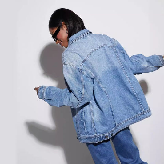 Women's Light Blue Washed Denim Casual Loose-fitting Jackets