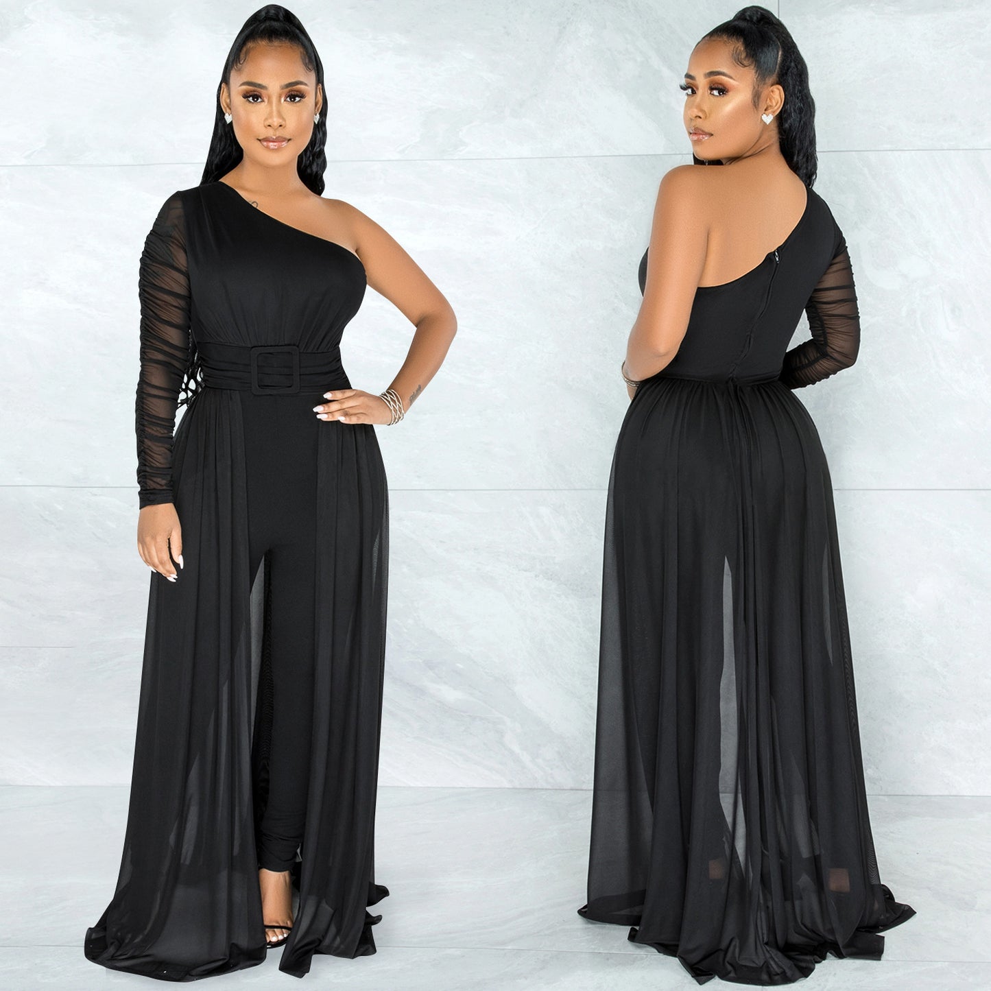 Women's Color Sexy Mesh Diagonal Collar Long-sleeved Pants