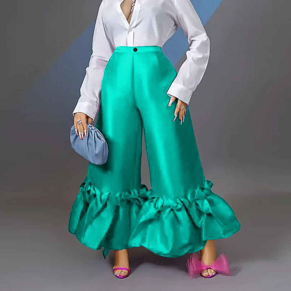 High Waist Loose Design Ruffled Bell-bottoms Pants