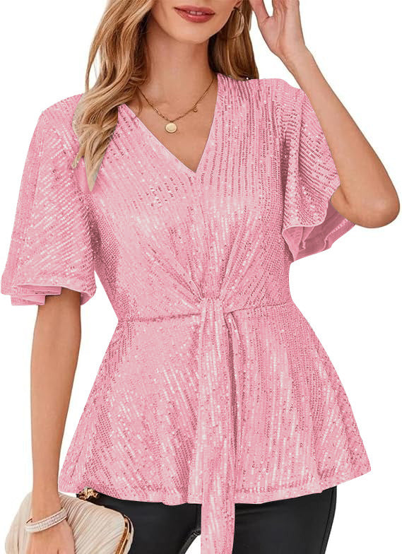 Women's Outline Tie Front Flare Sleeve Glitter Bruce Tops