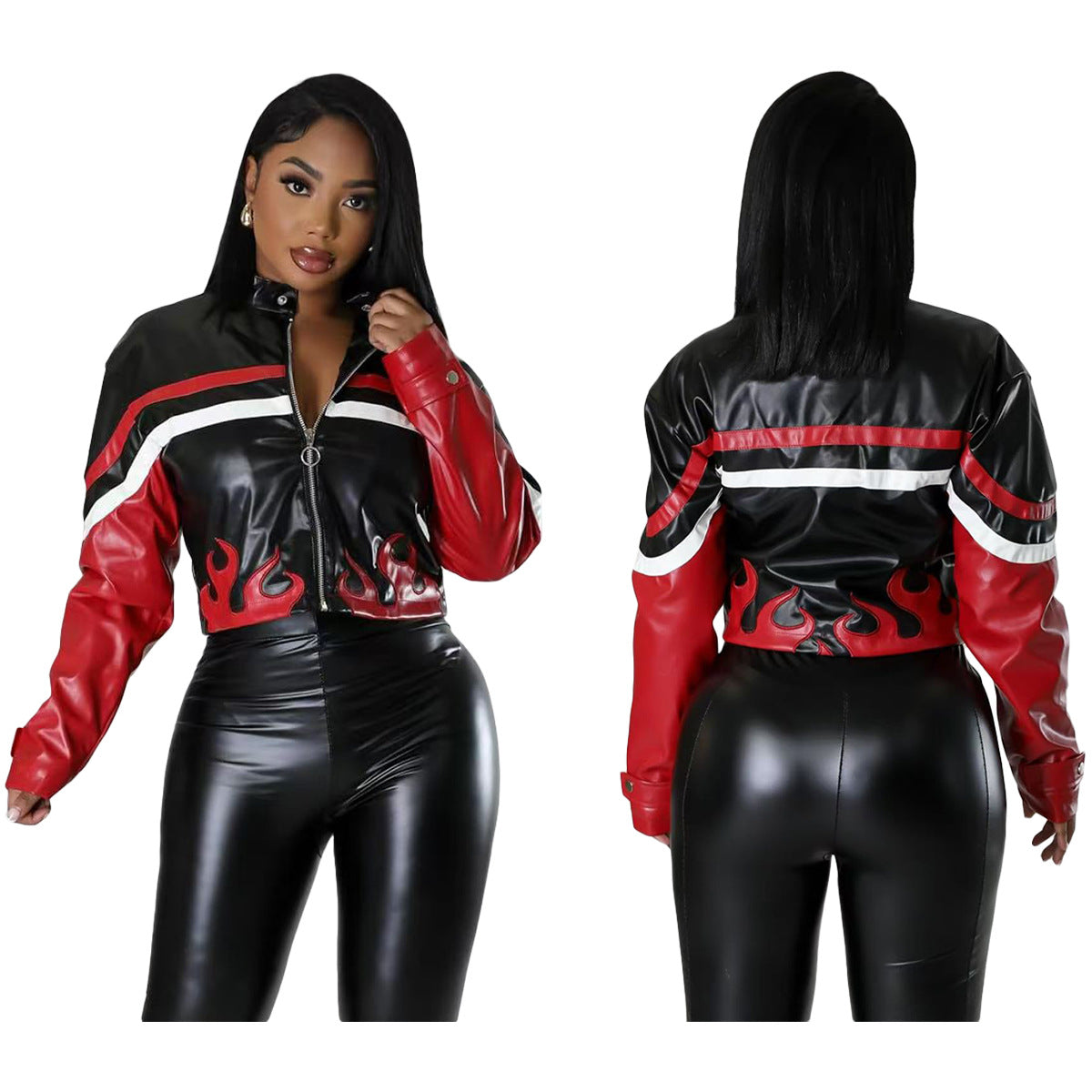 Women's Embroidered Flame Stitching Locomotive Leather With Jackets