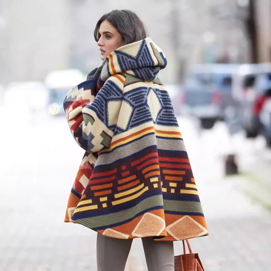Women's Long Sleeve Hooded Printed Woolen Coats