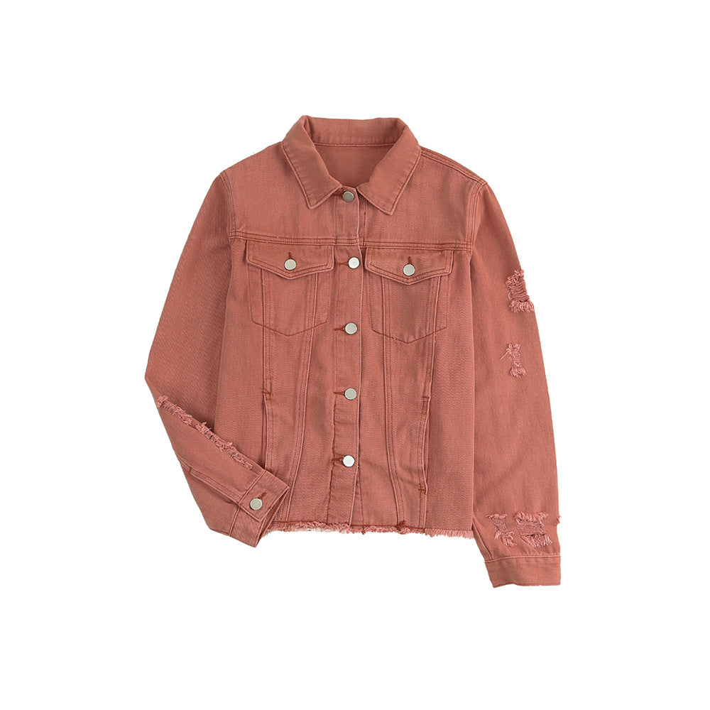 Women's Solid Color Single Row Washed Denim Cardigans