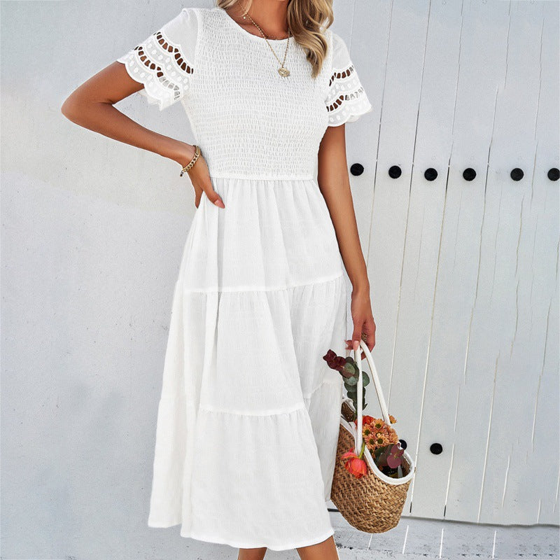 Women's Temperament Pure Color Sleeve Hollow Dress Dresses