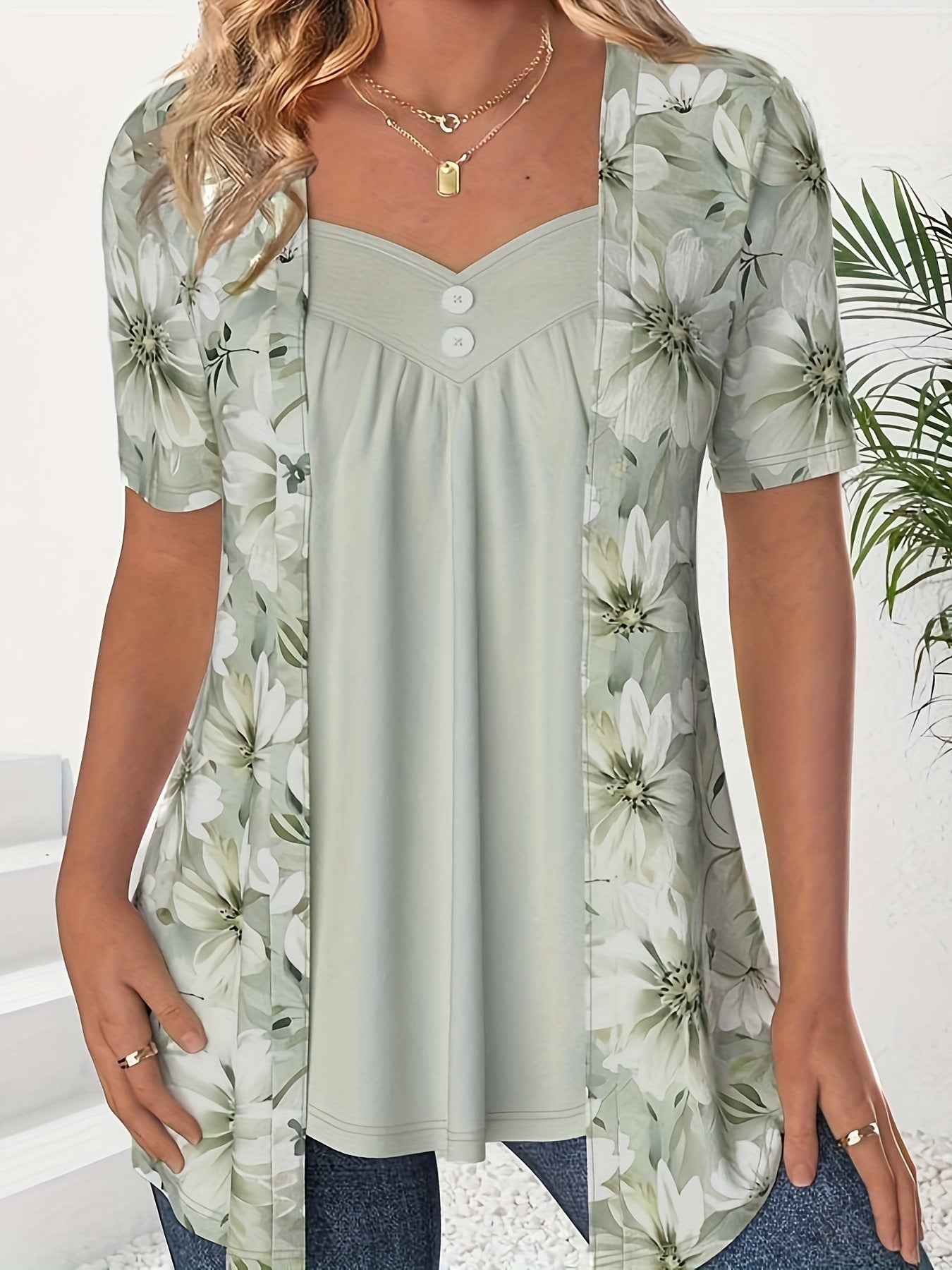 Women's Fake Two Pieces Sleeve Printed Fashion Blouses