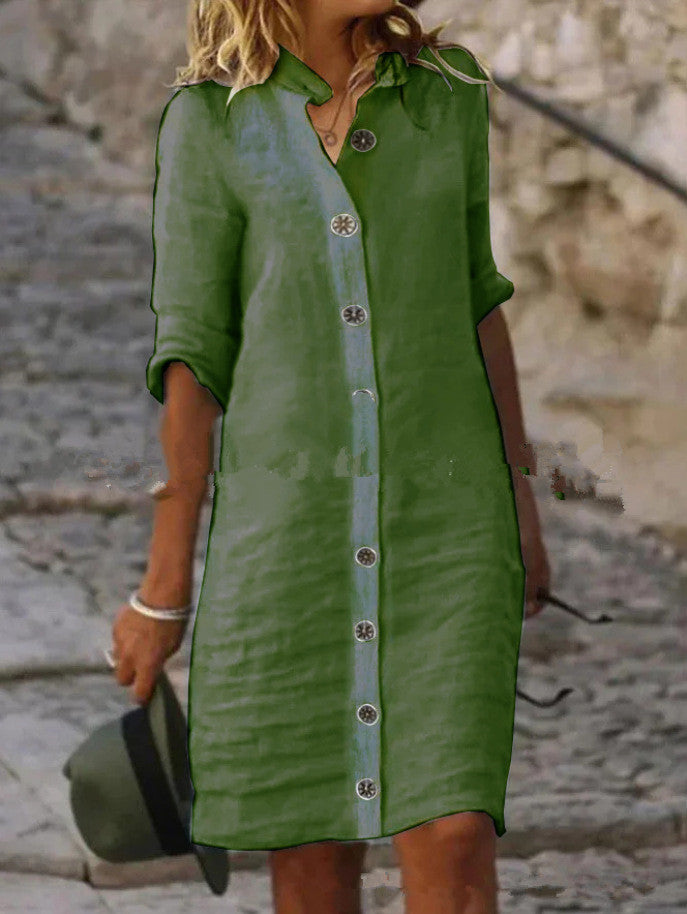 Women's Collar Half Sleeve Large Round Buckle Cotton Dresses