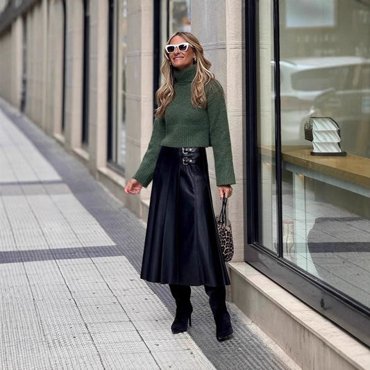Women's Fashion A- Line Pleated Leather Large Skirts