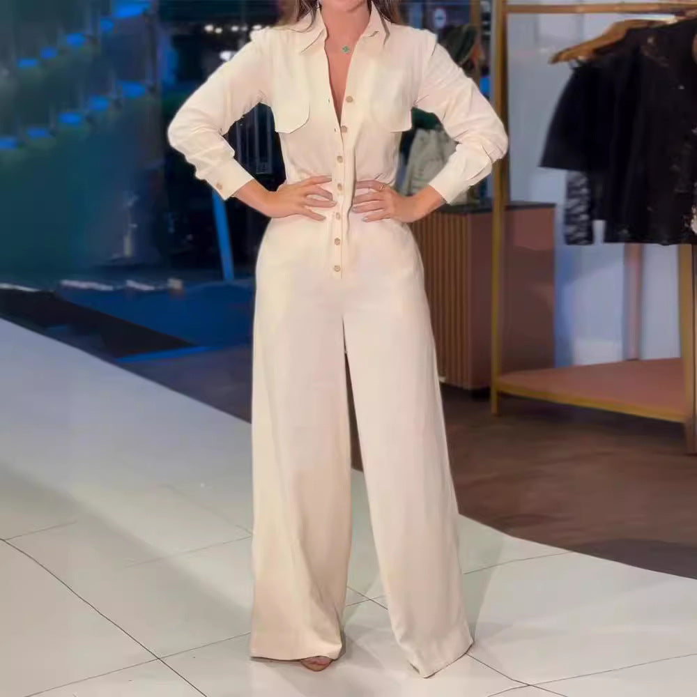 Color Polo Collar Pocket Slim Fit Jumpsuits