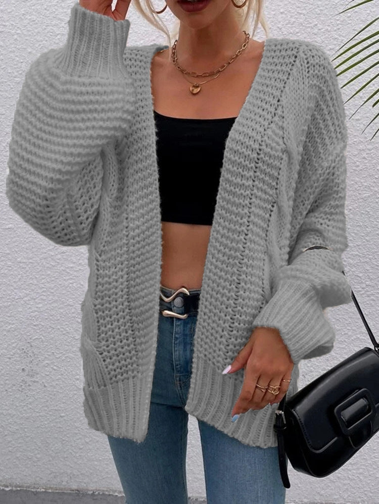 Women's Casual Long Sleeve Thick Knitted Twine Rope Loose Lantern Cardigans