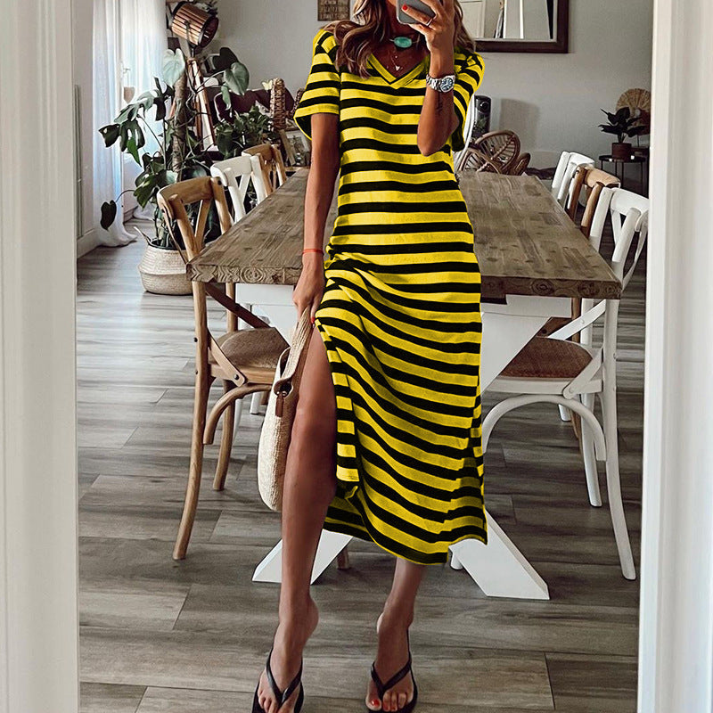 Women's Spring Striped Printed Dress Slit Loose Plus Size