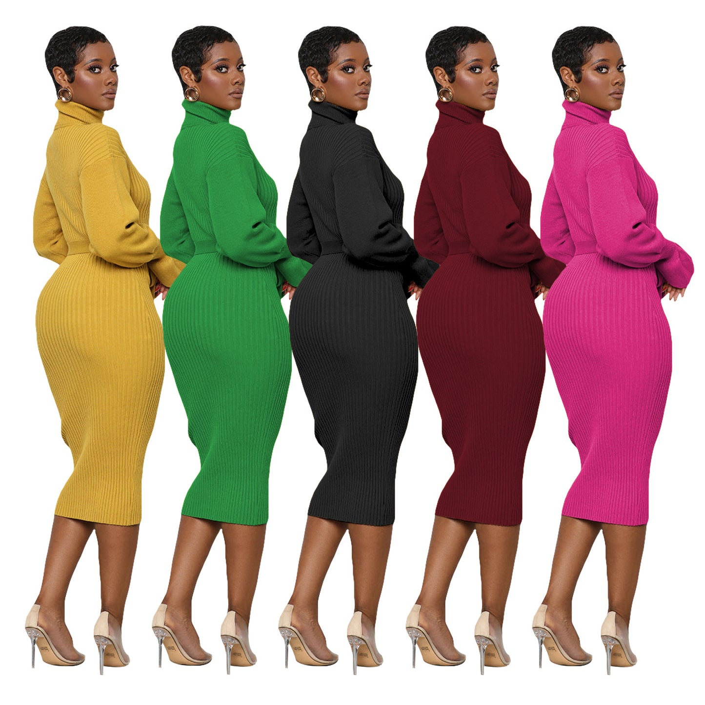 Women's Solid Color Turtleneck Knitting Tied Dress Dresses