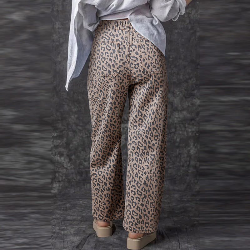 Women's High Waist Trousers Fashionable Leopard Print Jeans