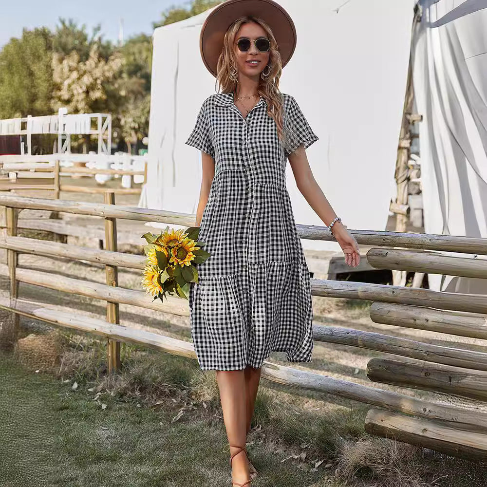 Women's Summer Plaid Dress Shirt Collar Casual Dresses