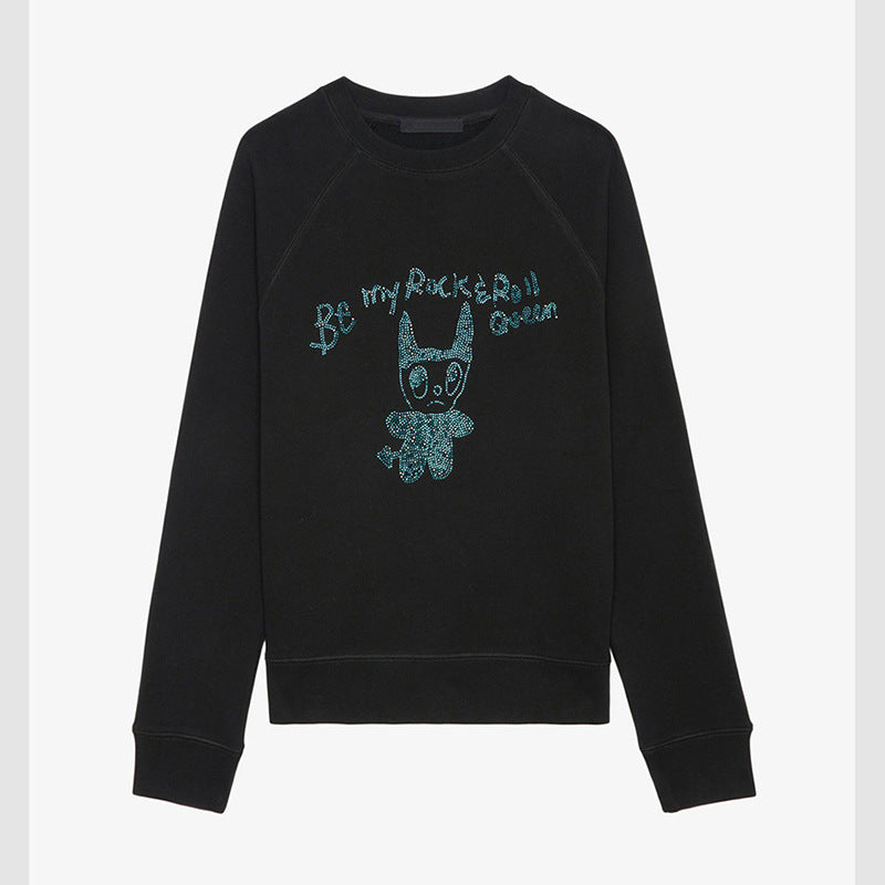 Women's Classic Little Monster Rhinestone Black Raglan Sweaters