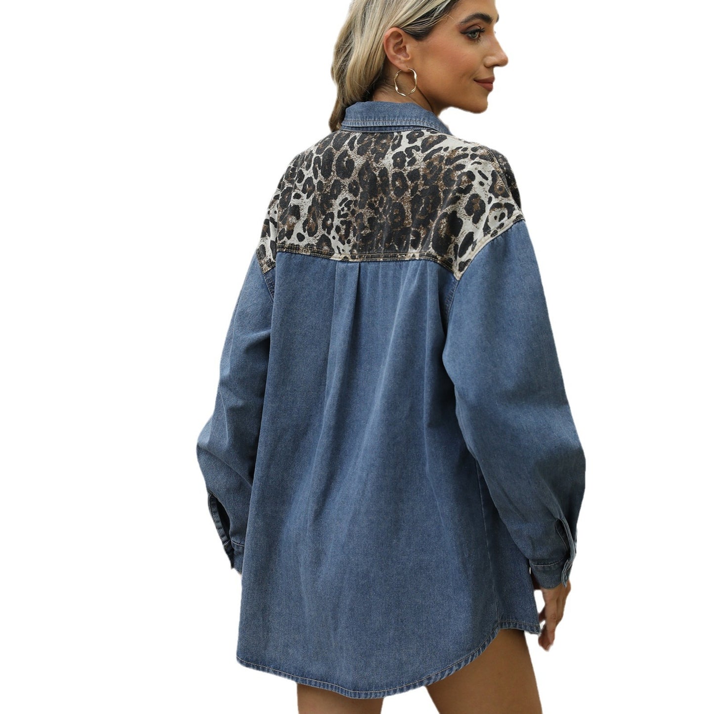 Women's Loose Leopard Print Color Block Denim Tops