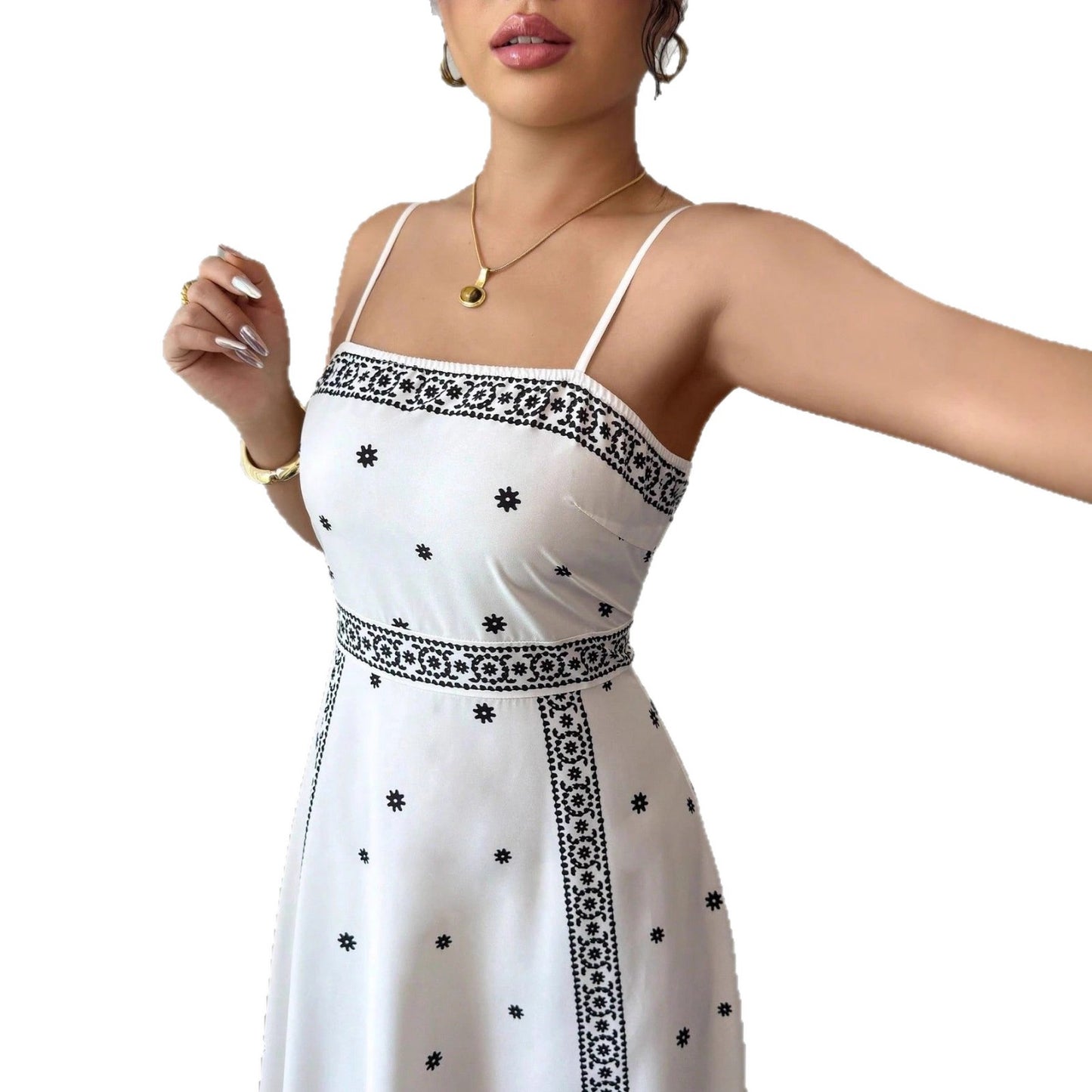 Women's Elegant Sling White Printing Long Dress