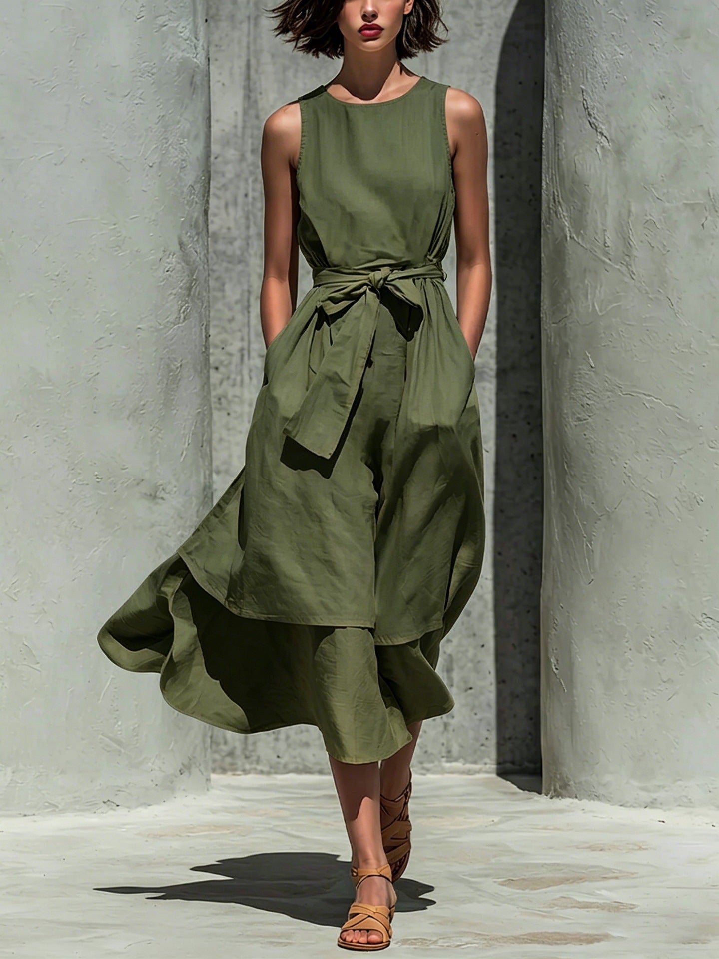 Sleeveless Round Neck Tied Waist Irregular Swing Dress