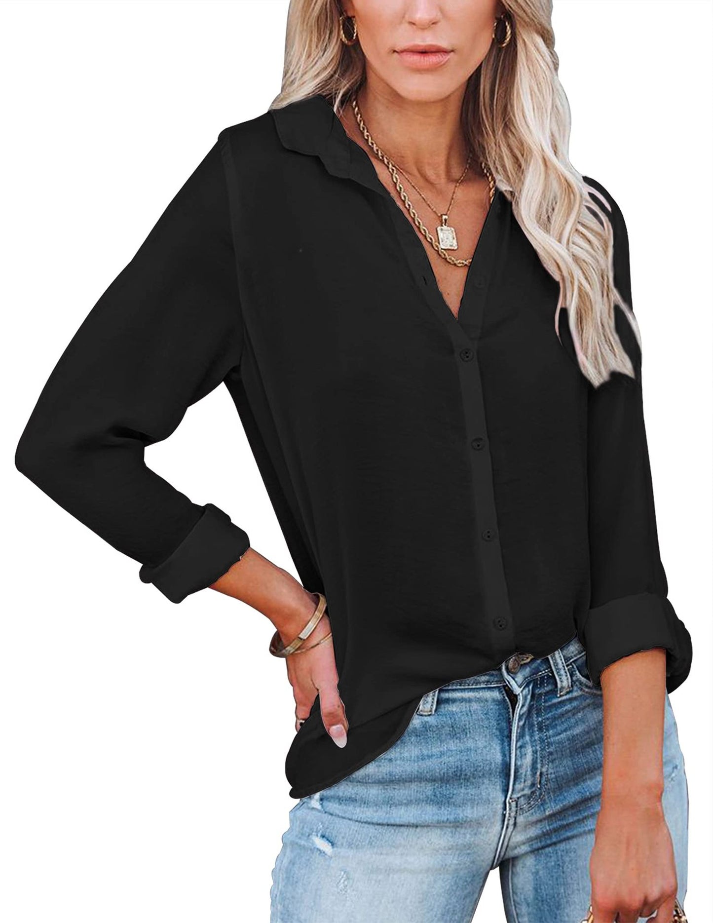Women's Shirt Long Sleeve Solid Color Polo Blouses