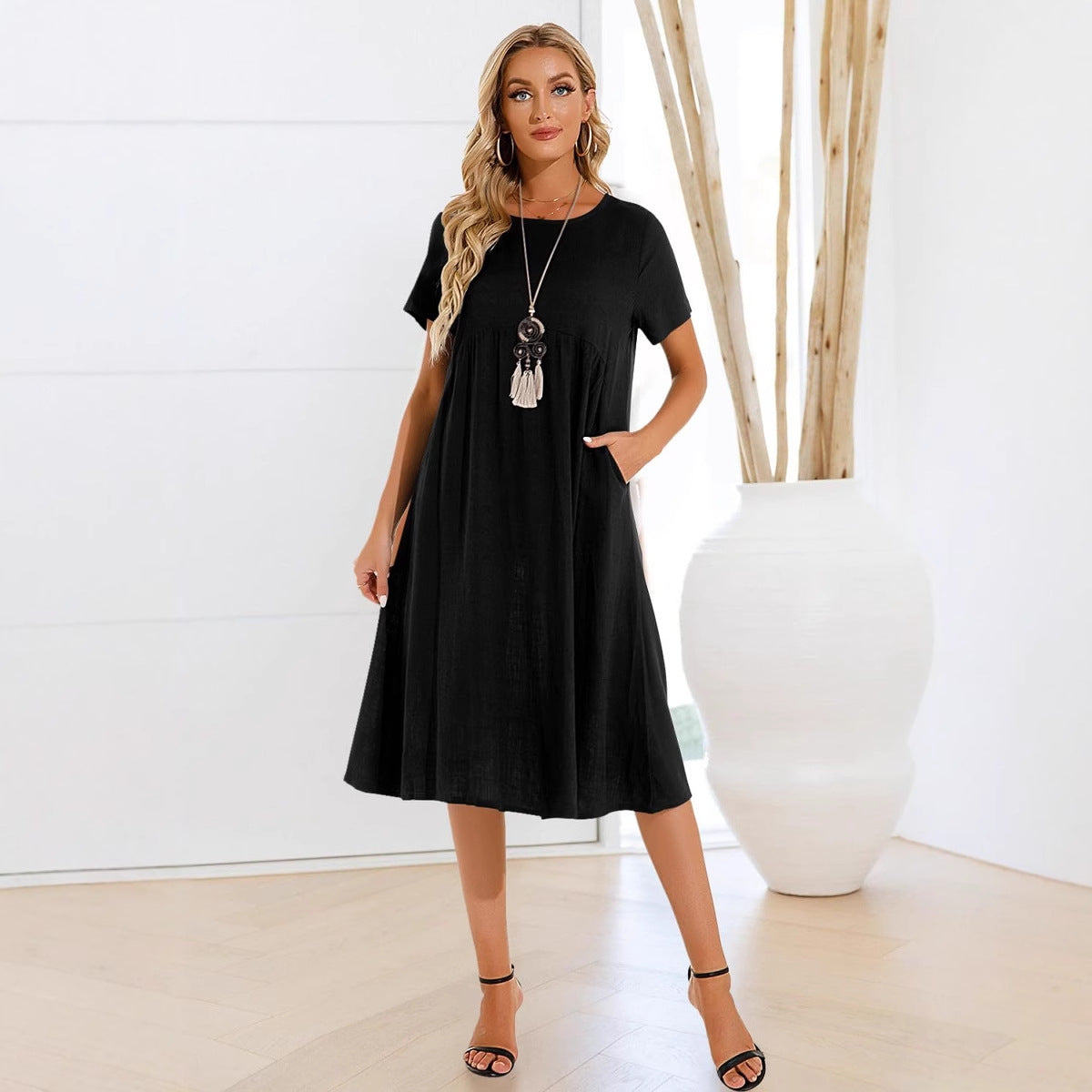 Neck Sleeve Large Casual Loose Long Solid Color Cotton Dresses