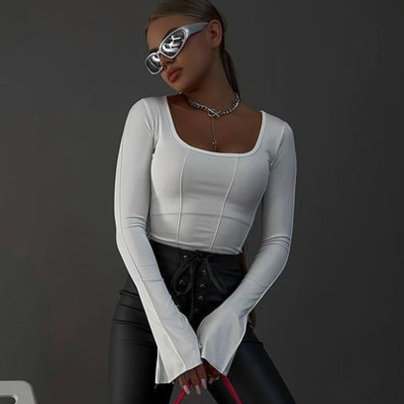 Women's Square Collar Slim Fit Pullover Long-sleeved Blouses