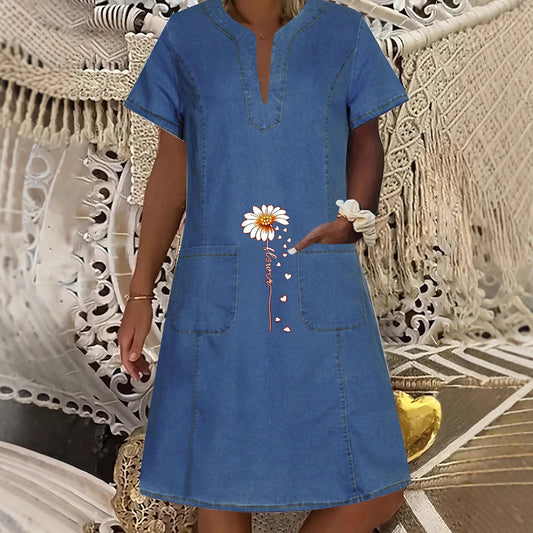 Women's Denim Dress Dark Blue Thin Pocket Dresses