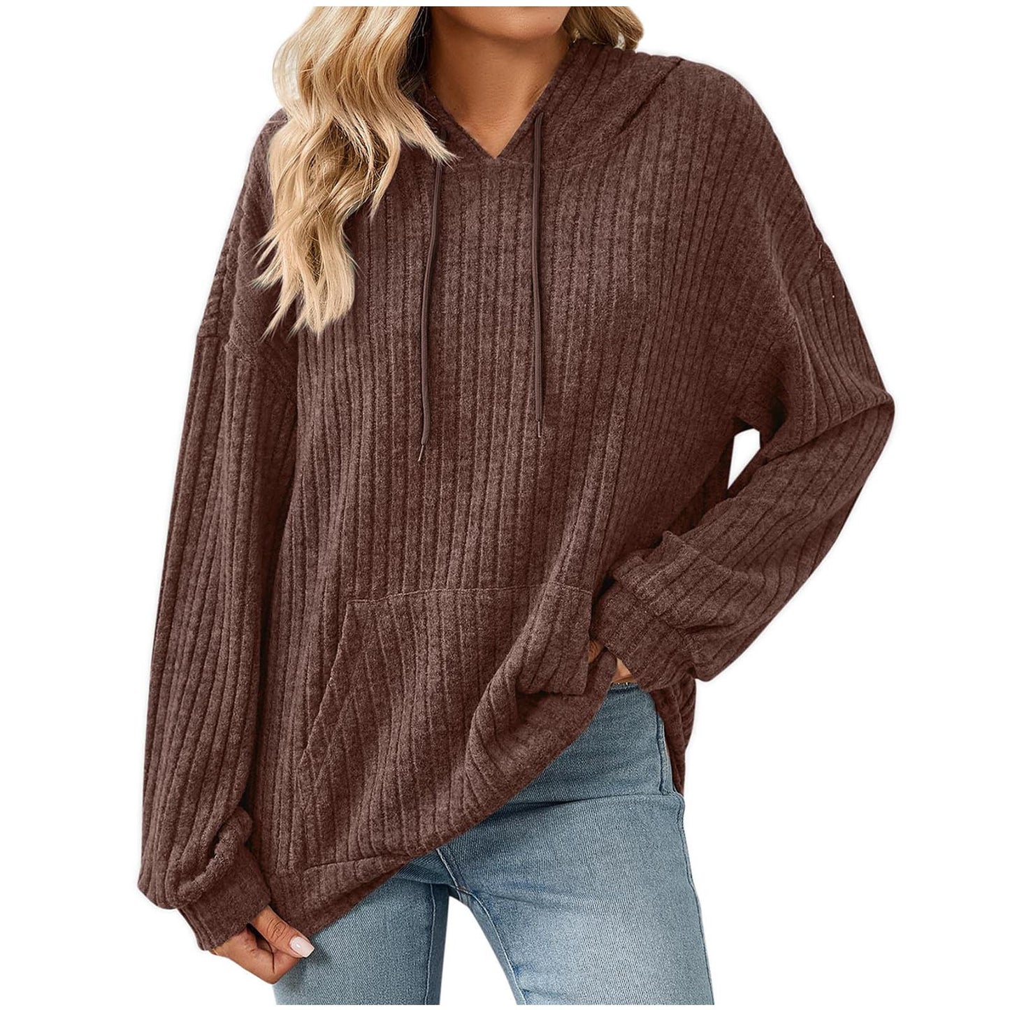 Women's Color Long Sleeve Hooded Sunken Stripe Women's Sweater, Sweater