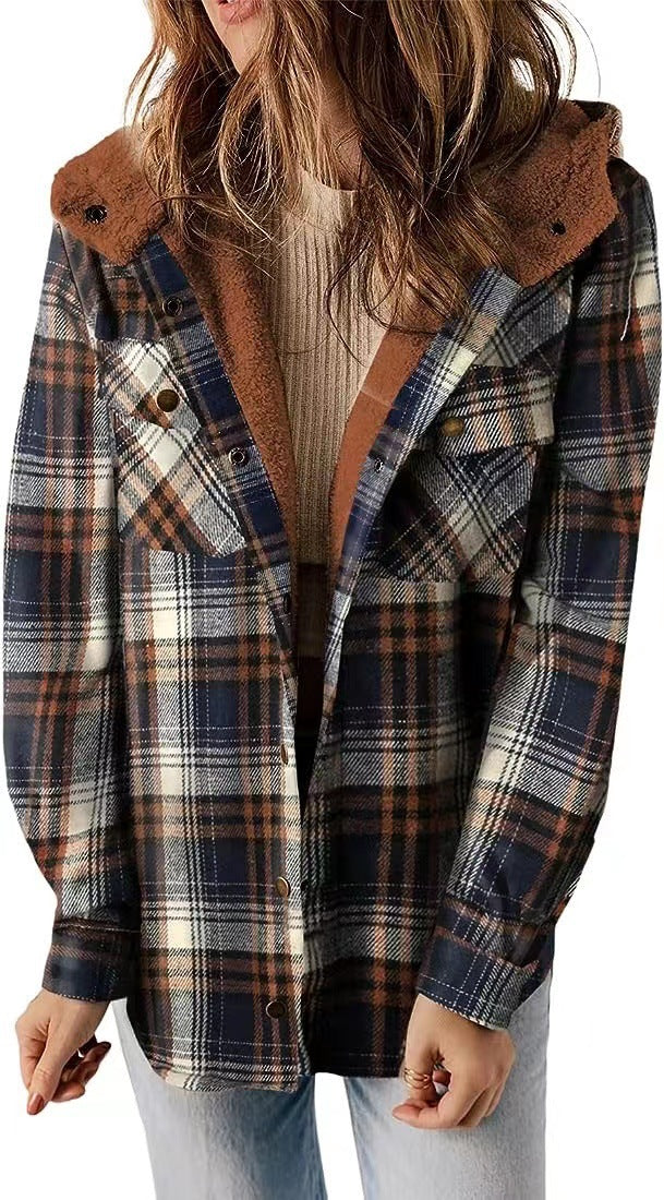 Women's Plush Shirt Casual Plaid Hooded Woolen Jackets