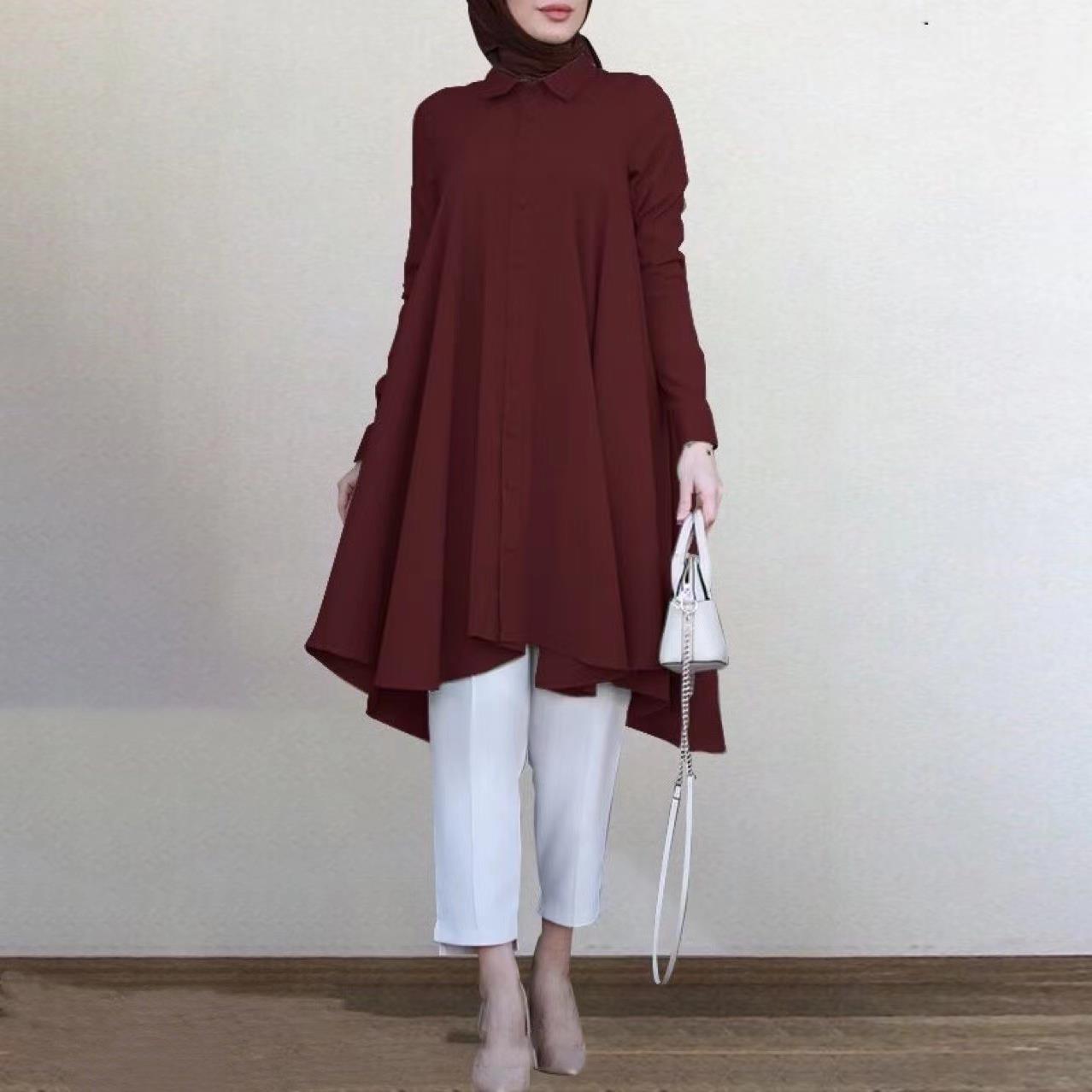 Women's Solid Color Polo Collar Button Placket Dovetail Curved Hem Blouses