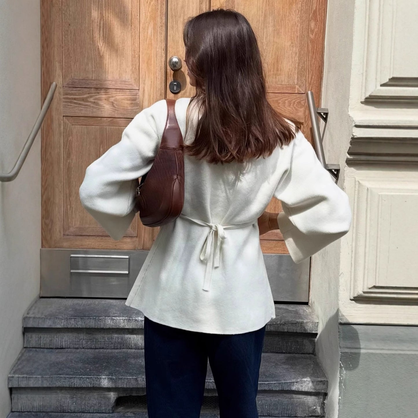 Sleeve Pullover White One Button Strap Sweaters