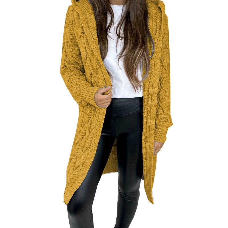 Mid-length Solid Color Twist Hooded Knit Sweaters