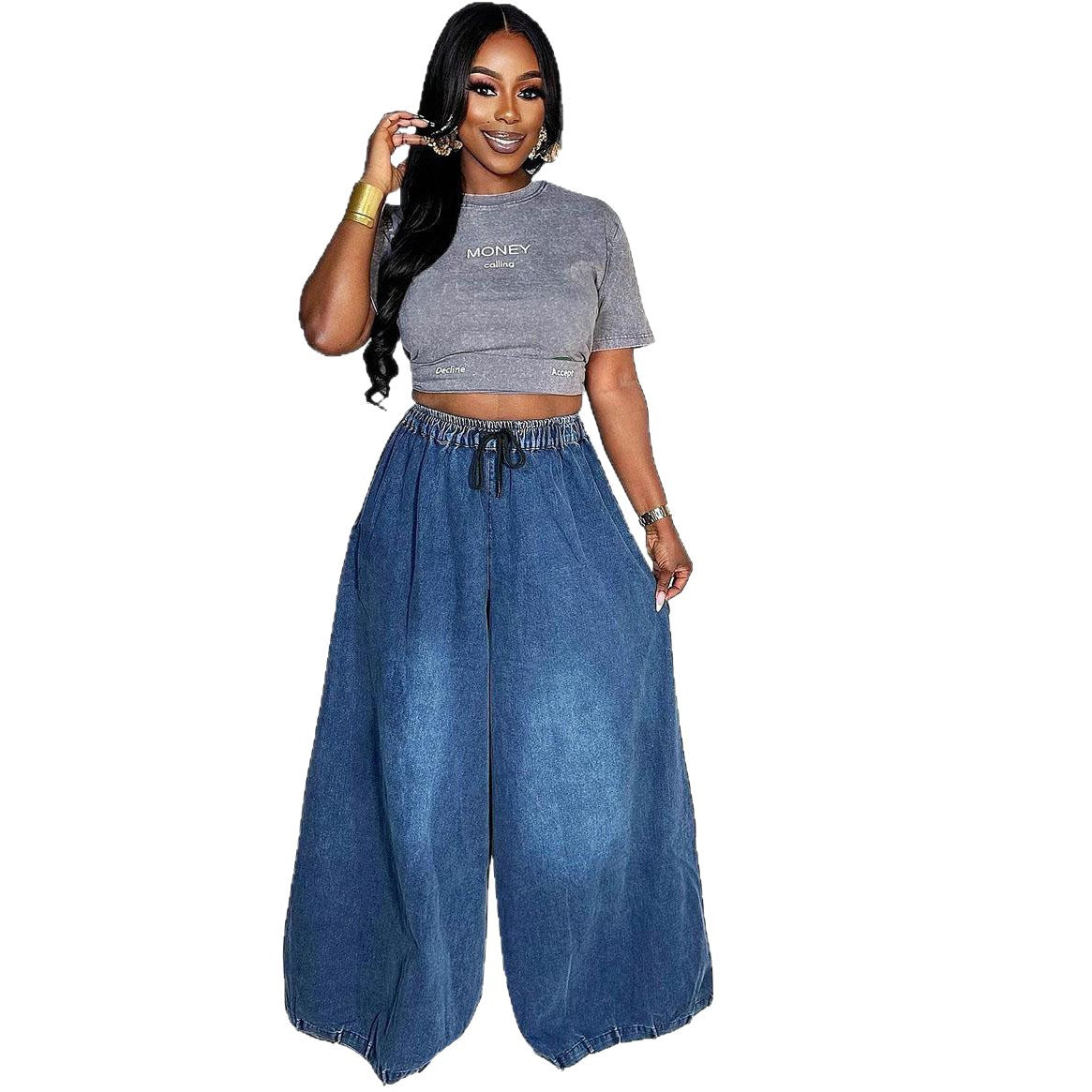 Women's Loose Street Casual Elastic Waistband Wide Jeans