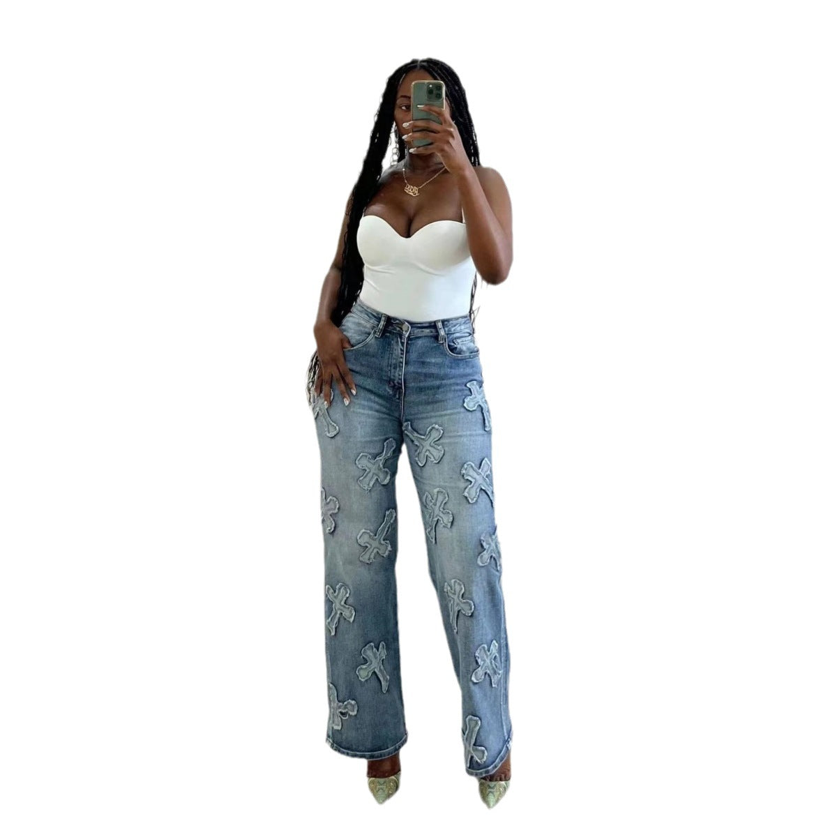 Washed Denim Tassel Cross Hip Hop Jeans