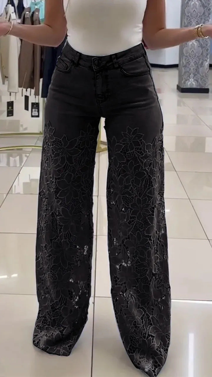 Women's Casual Fashion Hollow Lace Stitching Wide Jeans